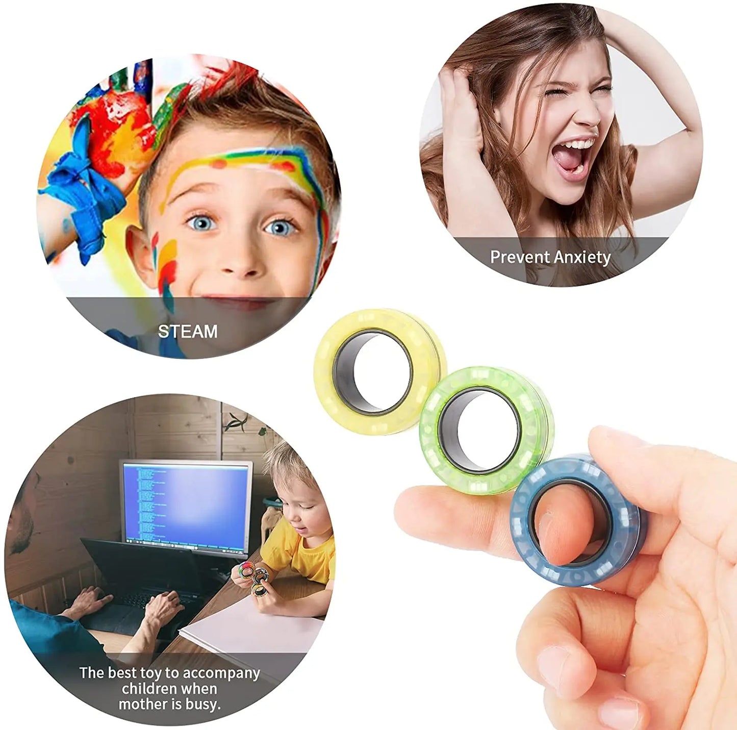 3pcs Finger Magnetic Rings Colorful Fidget Toy Set - Stress Relief for Adults