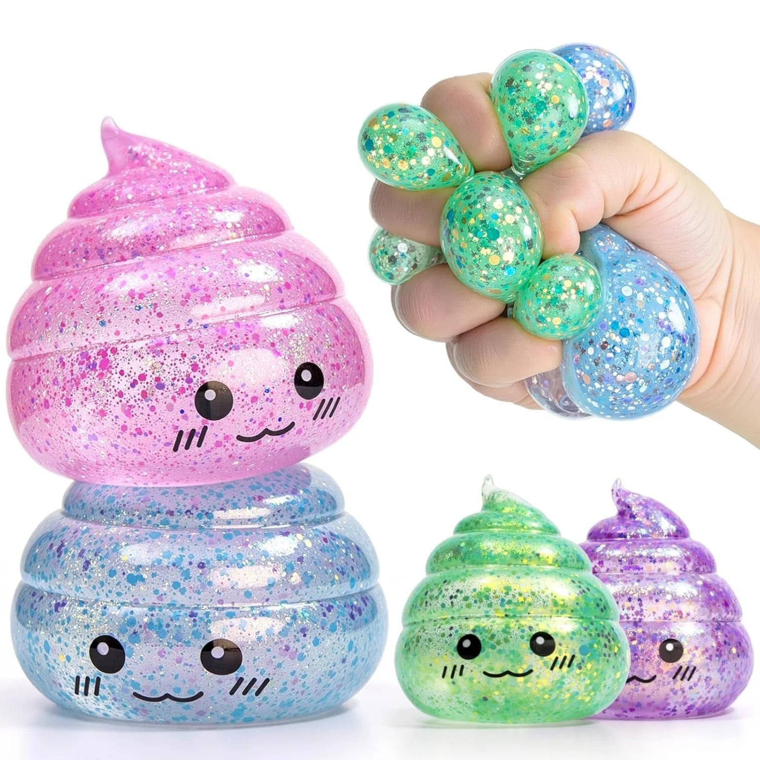 Novelty Squishy Poo Stress Ball Squishies Toys Glitter Funny Stretch Squeeze Fidget Toys for Kids Adults Fool's Day Prank Gift